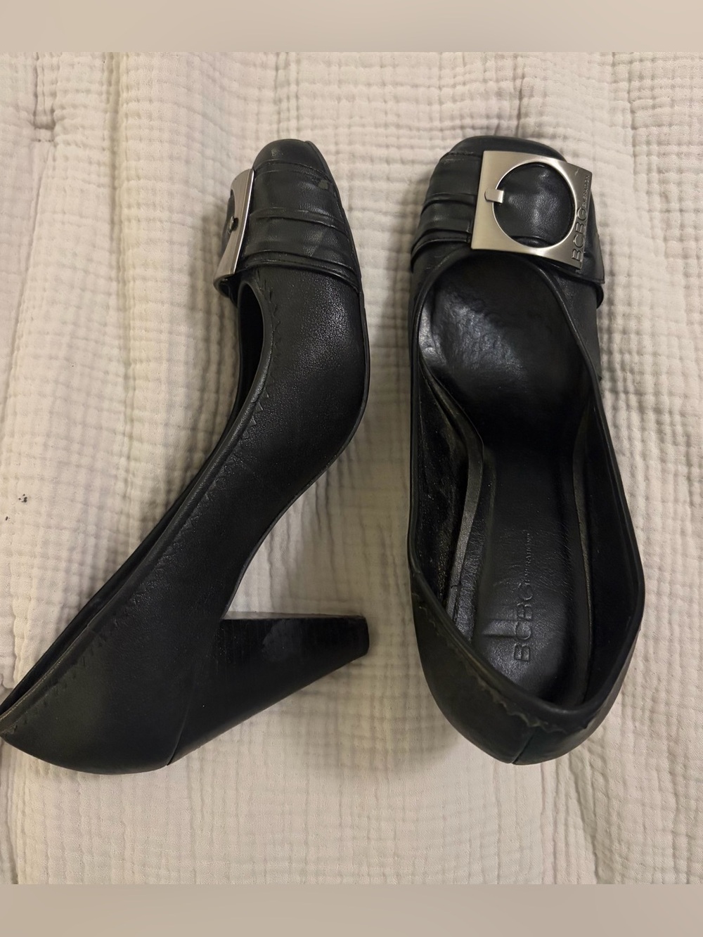 BCBGeneration Black Block Heel Square Toe Pumps with Silver Buckle - SZ 8.5